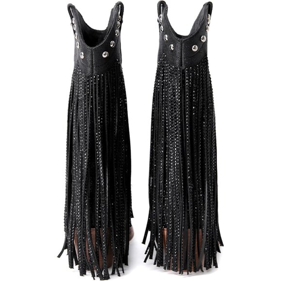 ⚡Women's Black Pointed toe Thick Heel Ankle Boot Ladies Crystal Embroider - Picture 6 of 6